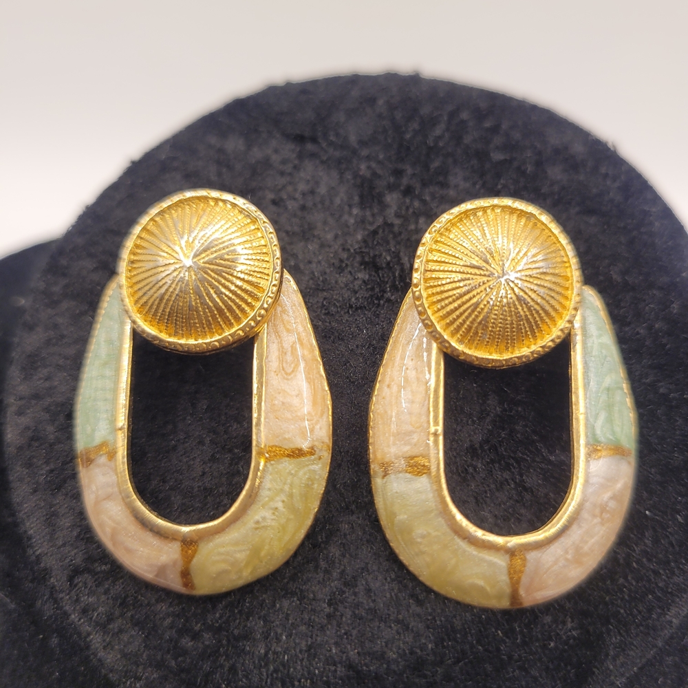 80s Earrings U Shaped Cloisonné Pastel Pearl Enamel Gold Tone Doorknocker Hoops